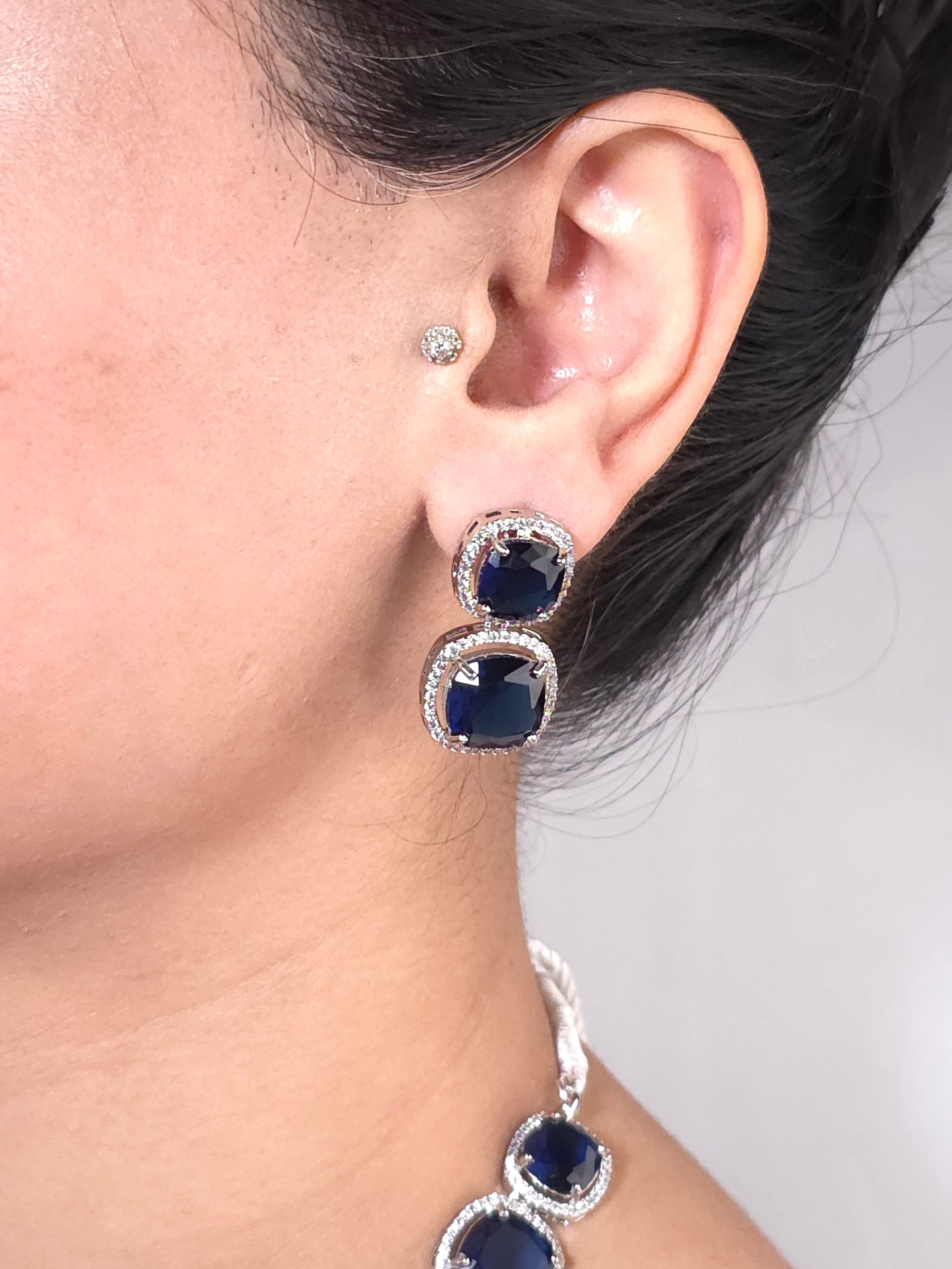 Deep Blue AD Square Necklace Set