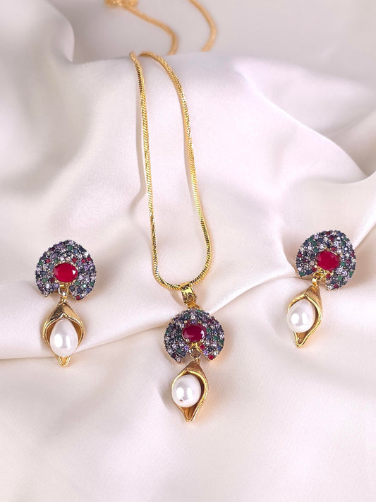 Ruby Multi-Stone Pearl Pendant Set