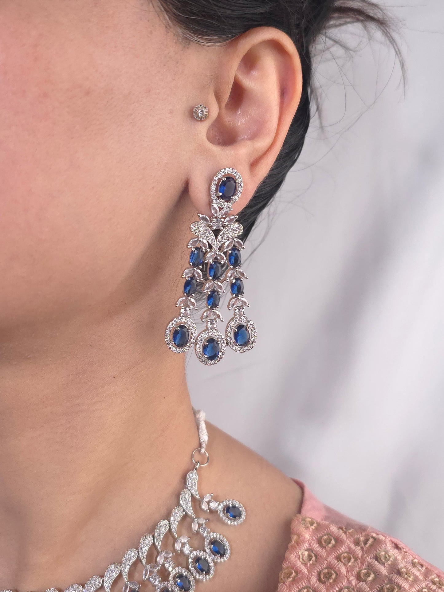 Rhodium-Plated Navy Blue Crescent Necklace
