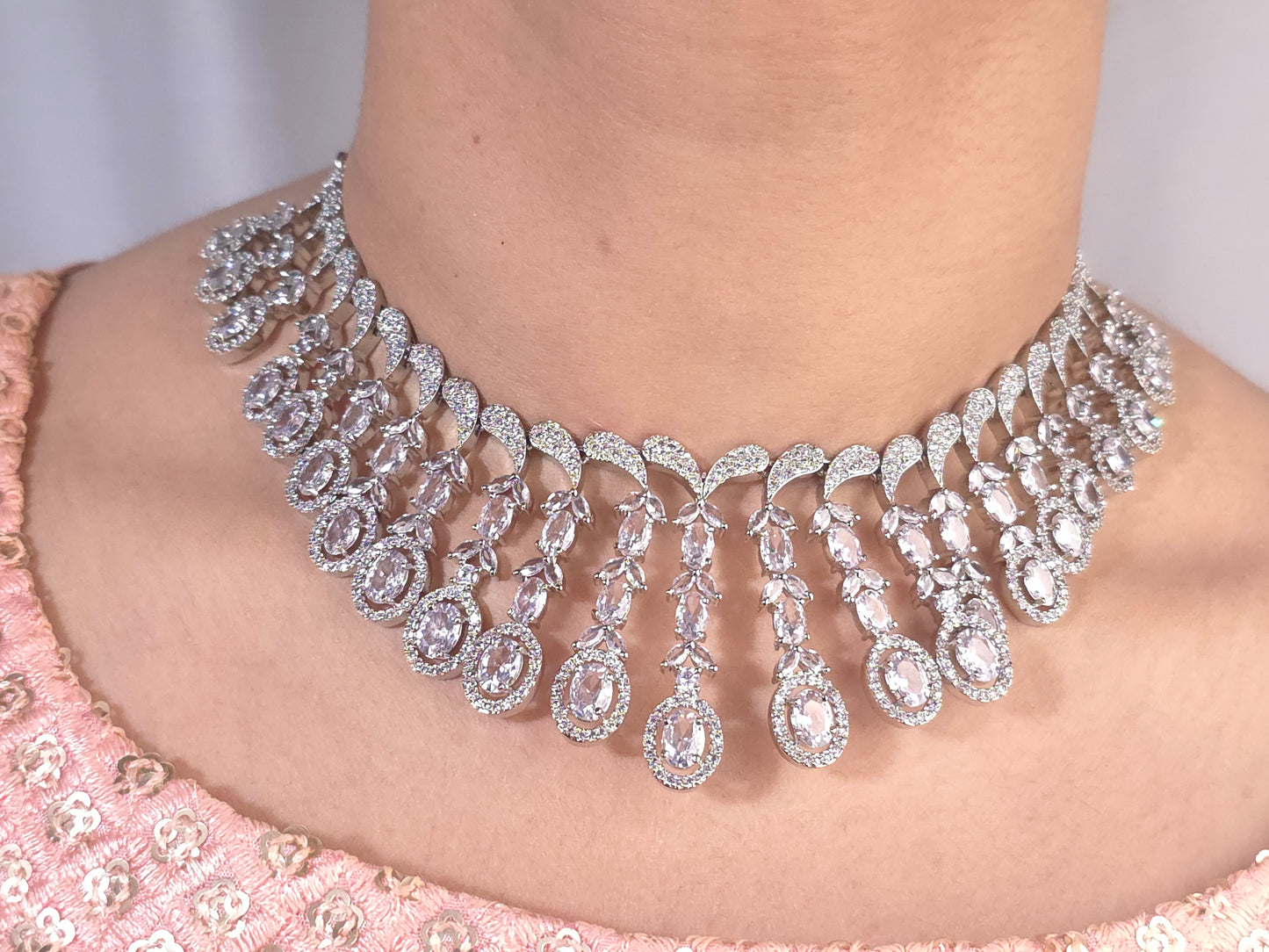 Rhodium-Plated Navy Blue Crescent Necklace