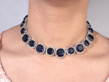 Deep Blue AD Square Necklace Set