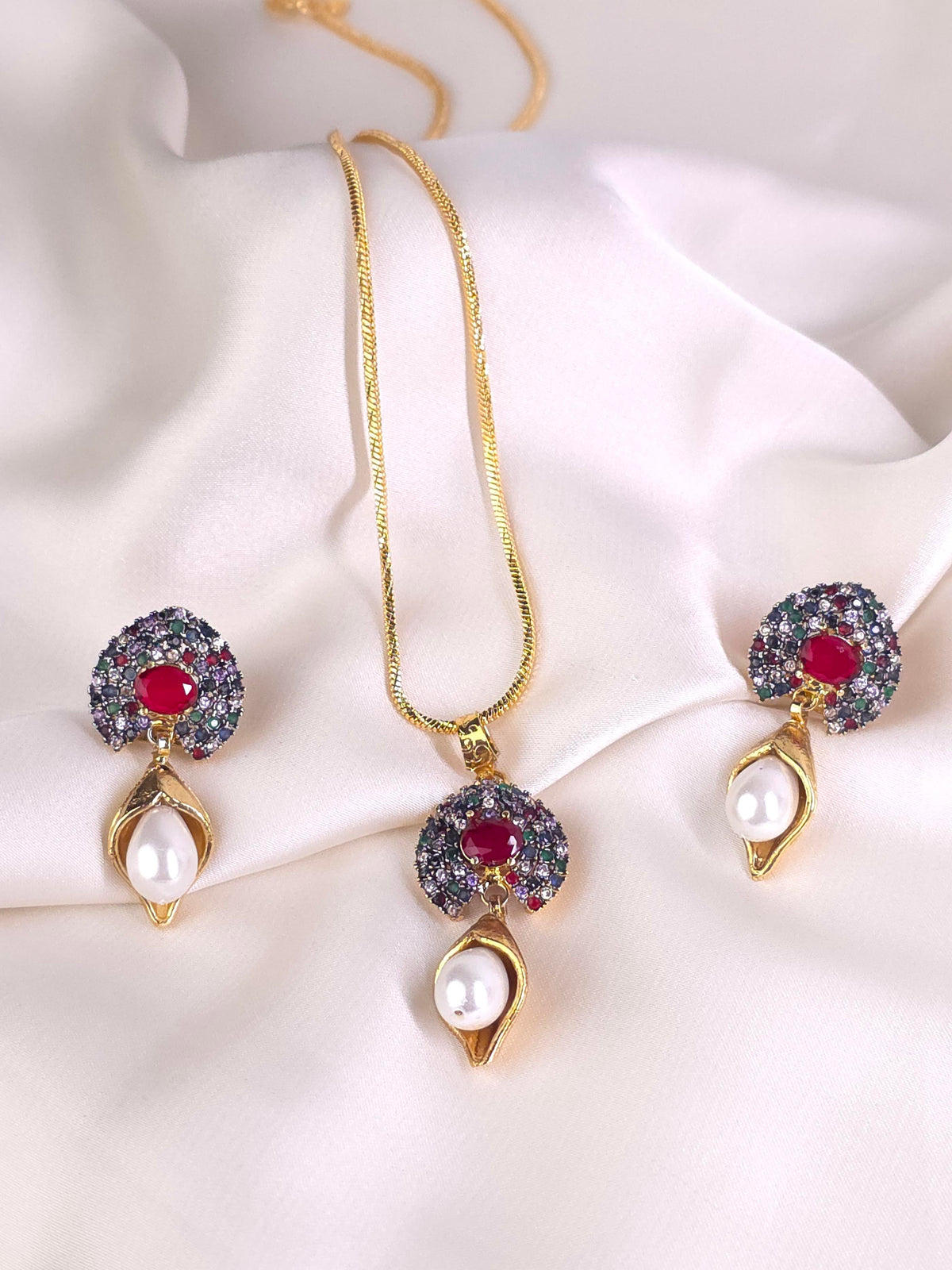 Ruby Multi-Stone Pearl Pendant Set