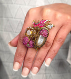 Magenta Pave Pearls Ring