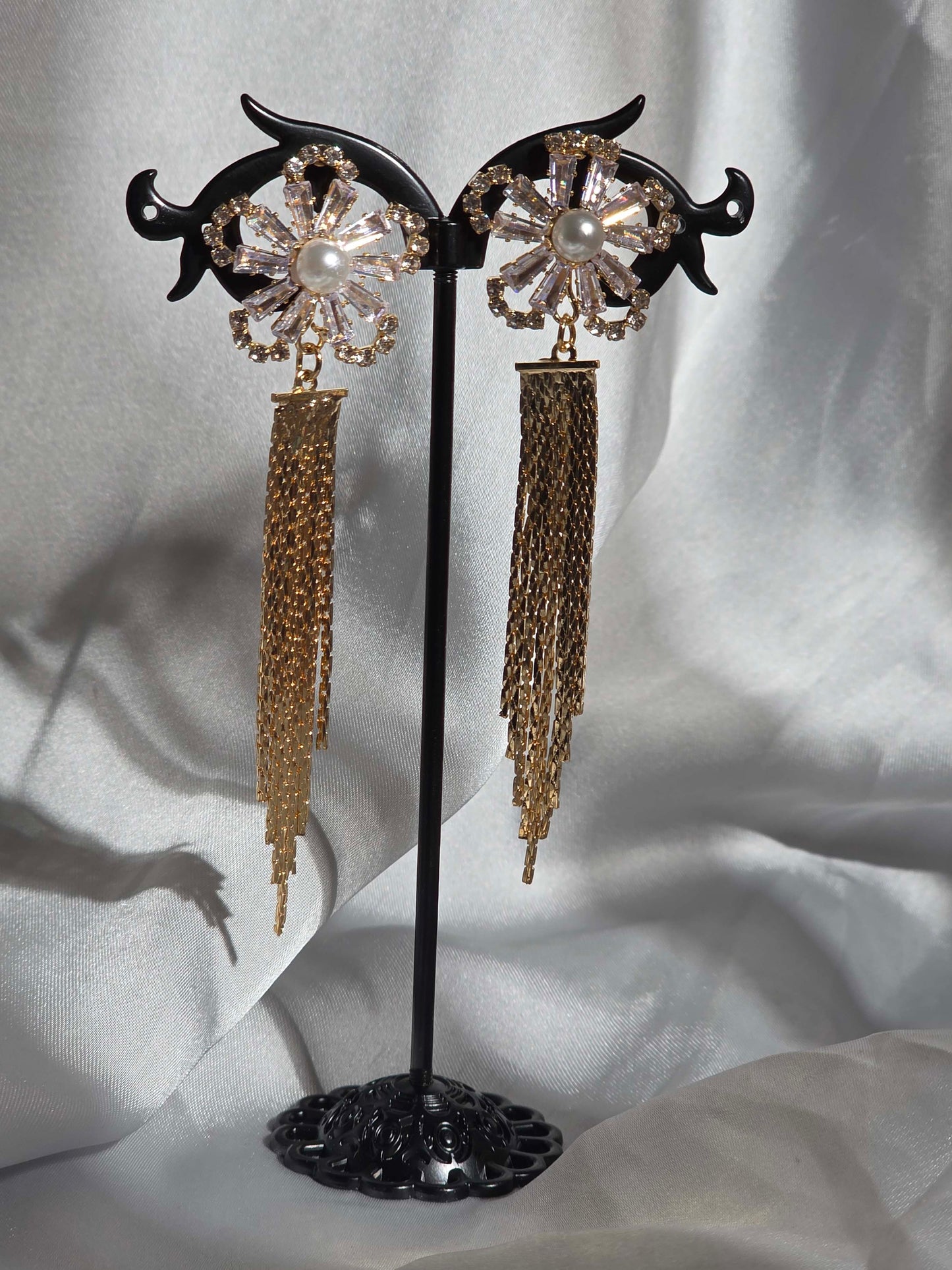 Gem-Encrusted Flower Dangle Earrings